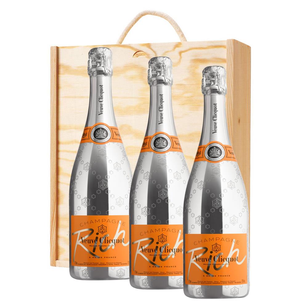 3 x Veuve Clicquot Rich Champagne 75cl In A Pine Wooden Gift Box
